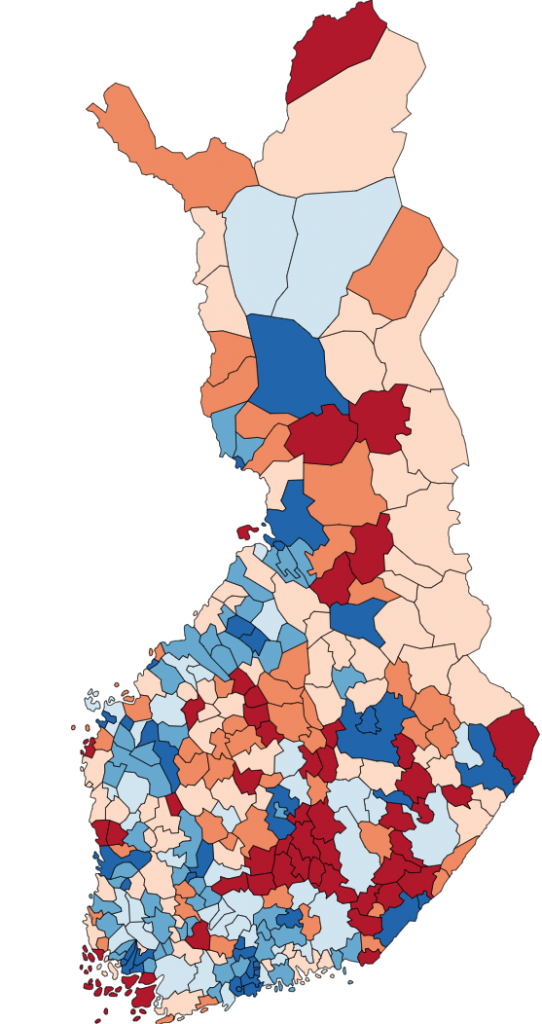 Map of Finland showing the Midsummer Coefficients of Finnish municipalities